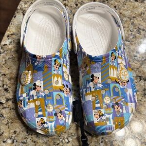 CROCS Mickey 50th Anniversary Patterned Clogs in White, Blue, Gold, Purple